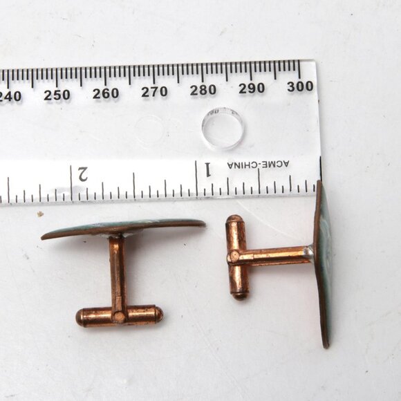 Vintage Copper Plated Enamelled Cuff Links Green Swirl 1963 Marked Casual Party - Picture 9 of 10